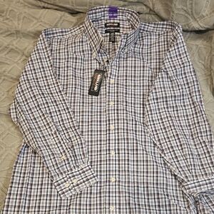 Kirkland Signature Men's Blue and White Plaid Dress Shirt